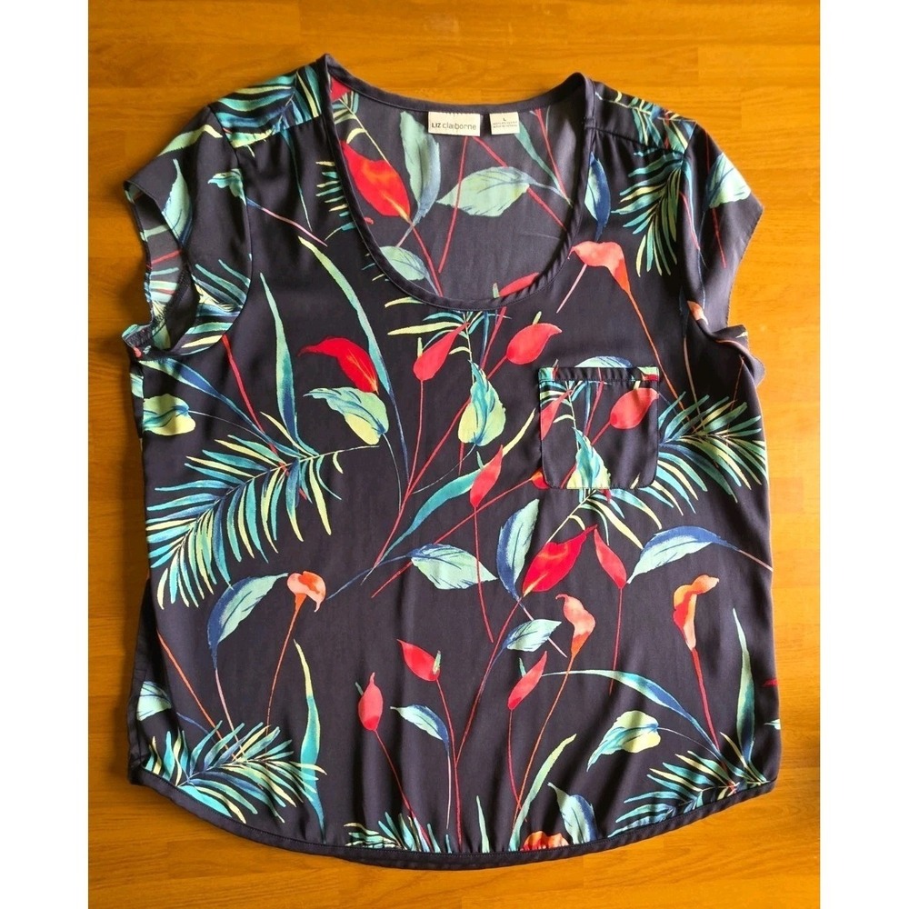 Liz Claiborne Tropical Floral Cap Sleeve Blouse Navy Blue Palm Print Large